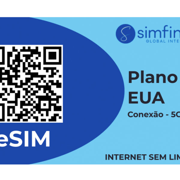 Imagem de um chip plano eua com um QR escrito eSIM - simfinity